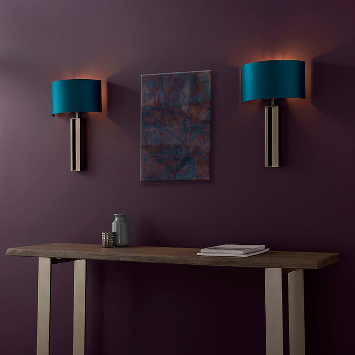 Brushed Bronze Slotted Wall Light Fitting & Teal Satin Half Shade - Dimmable