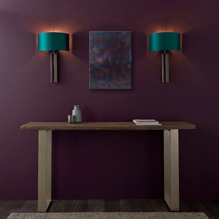 Brushed Bronze Slotted Wall Light Fitting & Teal Satin Half Shade - Dimmable