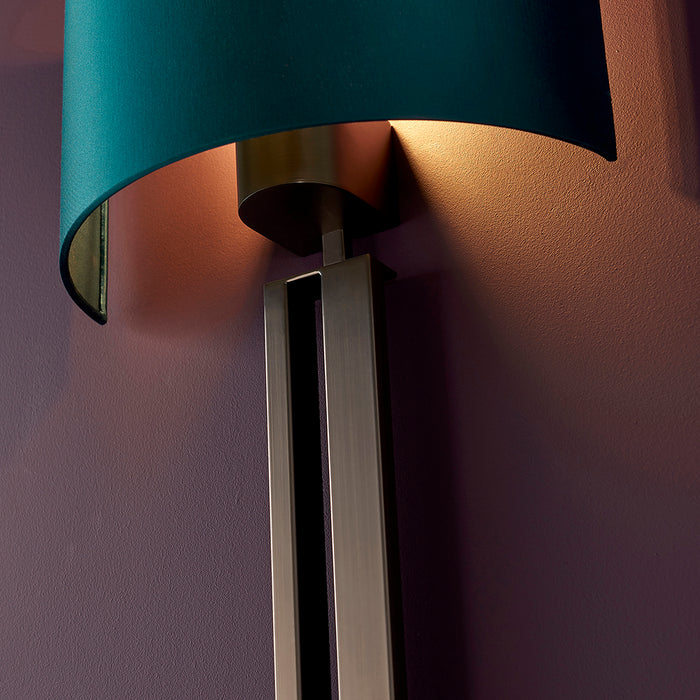 Brushed Bronze Slotted Wall Light Fitting & Teal Satin Half Shade - Dimmable