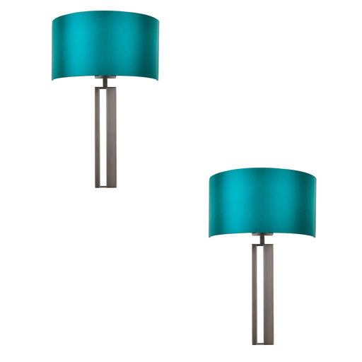 2 PACK Brushed Bronze Slotted Wall Light & Teal Satin Half Shade - Dimmable