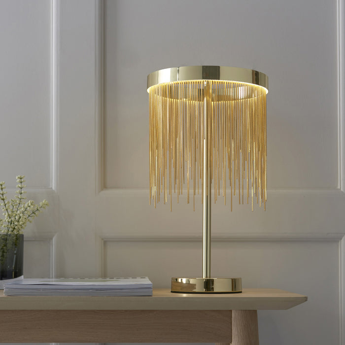 Satin Brass Table Lamp Light & Waterfall Chain Shade - Integrated LED Module