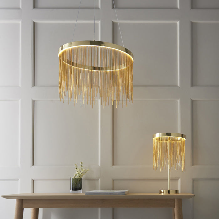 Satin Brass Table Lamp Light & Waterfall Chain Shade - Integrated LED Module