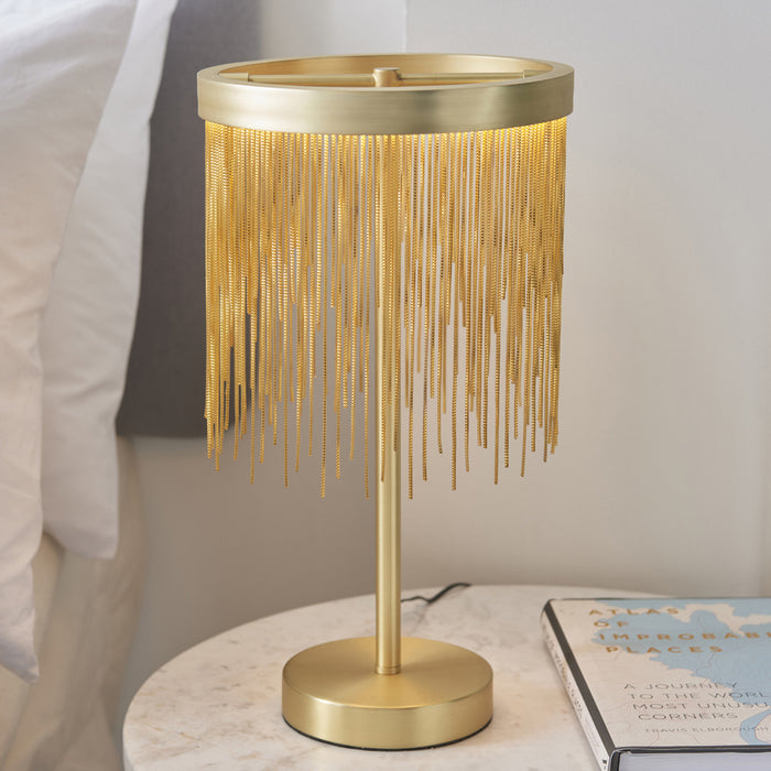 Satin Brass Table Lamp Light & Waterfall Chain Shade - Integrated LED Module