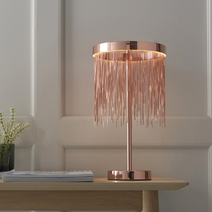 Brushed Copper Table Lamp Light & Waterfall Chain Shade - Integrated LED Module