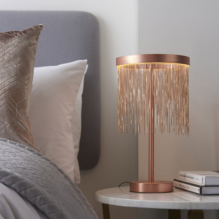 Brushed Copper Table Lamp Light & Waterfall Chain Shade - Integrated LED Module