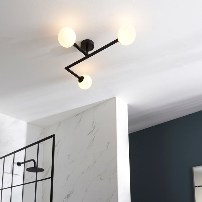 Matt Black Semi Fush Bathroom Ceiling Light & Opal Glass Shade - 3 Bulb Fitting
