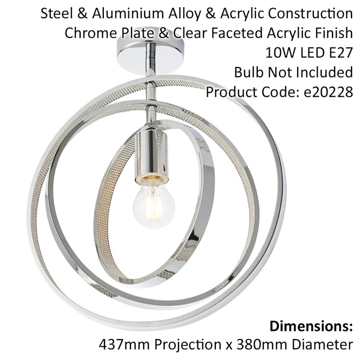 Chrome Plated Semi Flush Ceiling Pendant Light - Adjustable Hoops - Dimmable