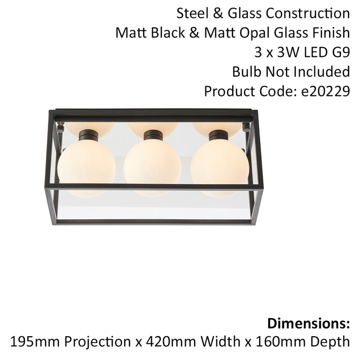 Matt Black Rectangular Framed Flush Bathroom Ceiling Light & Sphere Glass Shades