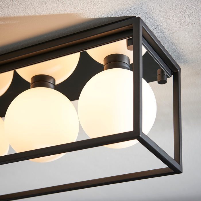 Matt Black Rectangular Framed Flush Bathroom Ceiling Light & Sphere Glass Shades