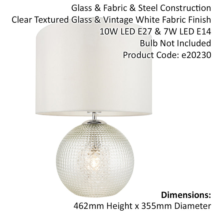Clear Prism Glass Twin Lit Table Lamp Light & Vintage White Fabric Shade