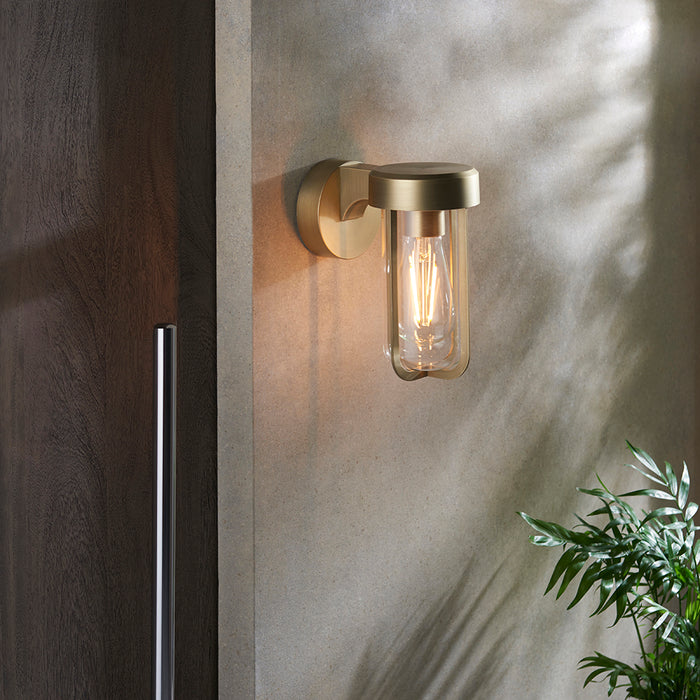 Brushed Gold Outdoor Wall Light with Clear Glass Shade - IP44 Rated - LED Bulb