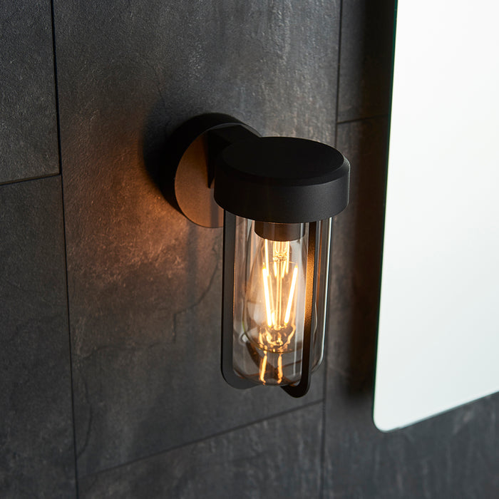 Matt Black Outdoor Wall Light with Clear Glass Shade - IP44 Rated - LED Bulb