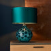 Teal Tinted Glass Table Lamp Light Base Antique Brass Metalwork - Inline Switch