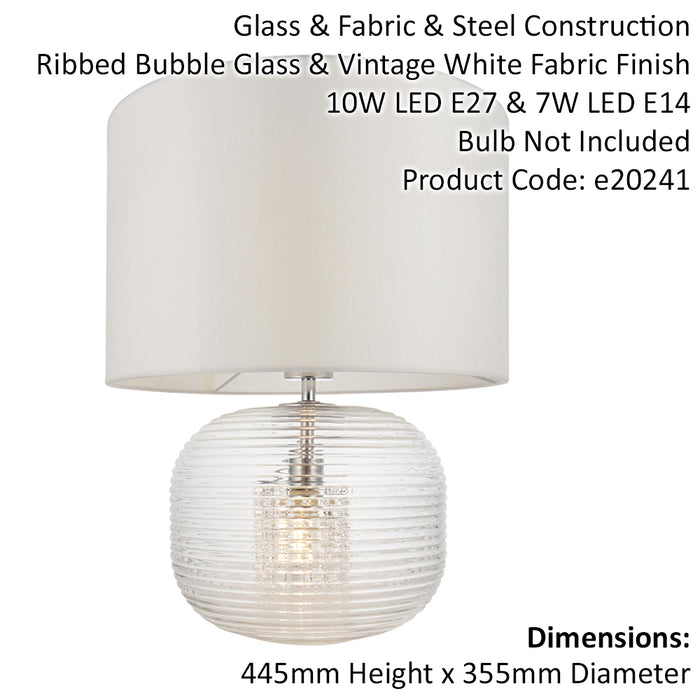 Clear Ribbed Glass Twin Lit Table Lamp Light & Vintage White Fabric Shade