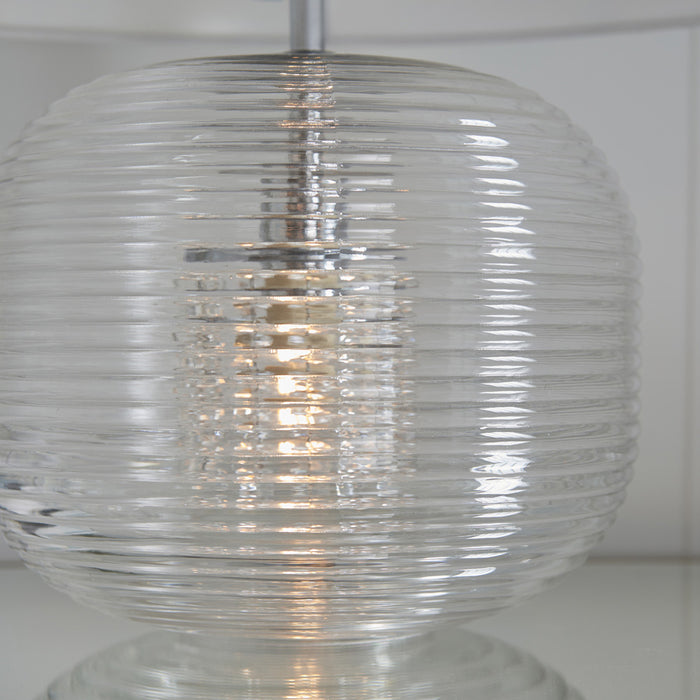 Clear Ribbed Glass Twin Lit Table Lamp Light & Vintage White Fabric Shade
