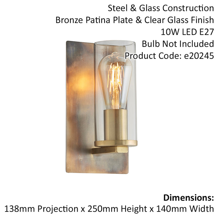 Bronze Patina Plate Wall Lamp Light & Clear Glass Shade - Dimmable LED Fitting