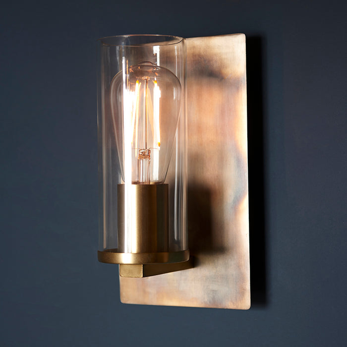 Bronze Patina Plate Wall Lamp Light & Clear Glass Shade - Dimmable LED Fitting