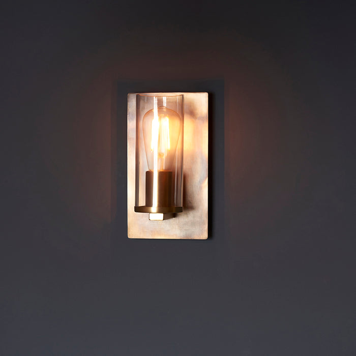 Bronze Patina Plate Wall Lamp Light & Clear Glass Shade - Dimmable LED Fitting