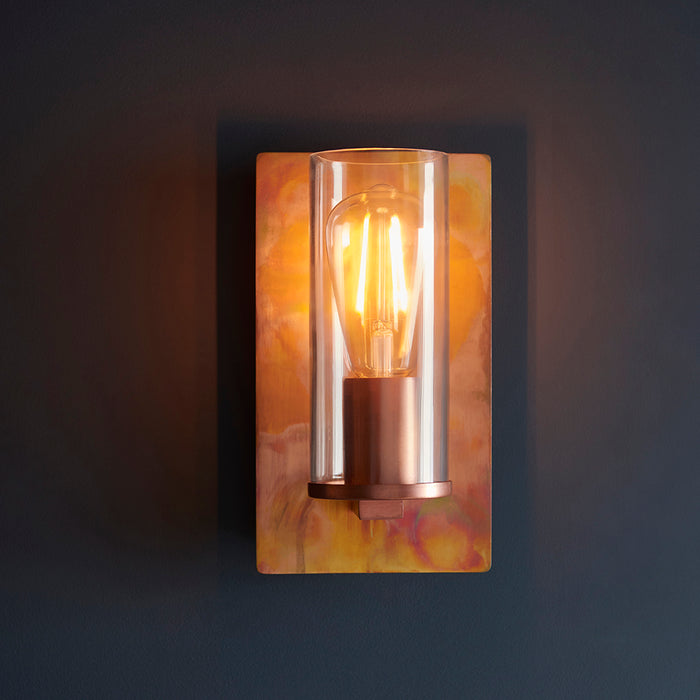 Copper Patina Plate Wall Lamp Light & Clear Glass Shade - Dimmable LED Fitting