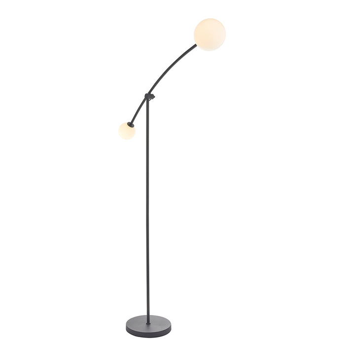 Matt Black Standing Twin Floor Lamp Light - Gloss Opal Glass Shades - Adjustable