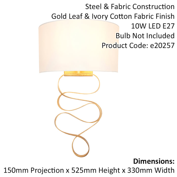 Gold Leaf Ribbon Wall Light & Ivory Half Shade - Dimmable - Hammered Metalwork 