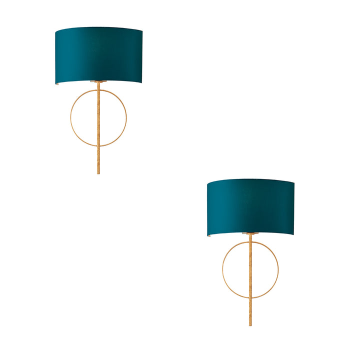 2 PACK Antique Gold Leaf Wall Light & Teal Satin Shade Dimmable Filament Lamp