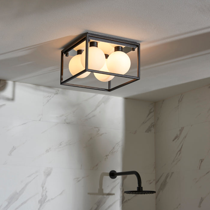 Matt Black Square Framed Semi Flush Bathroom Ceiling Light & Sphere Glass Shades
