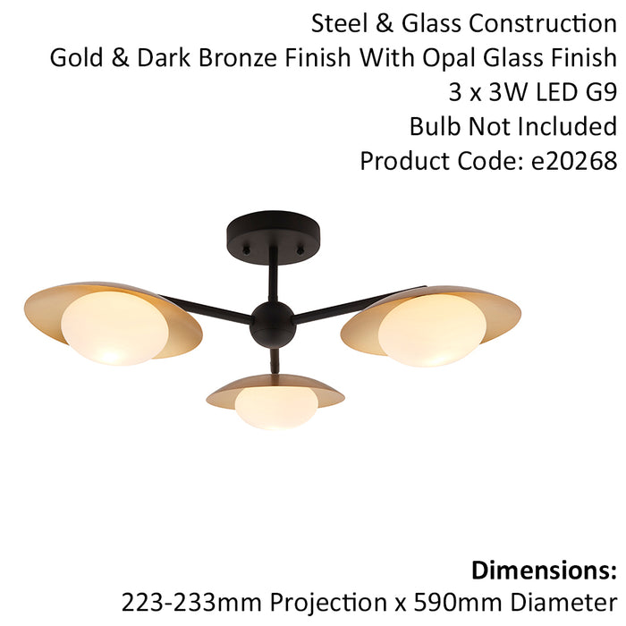 Gold & Bronze Semi Flush 3 Bulb Ceiling Light - Pebble Shaped Opal Glass Shades
