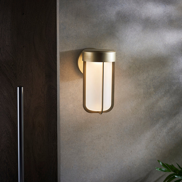 Brushed Gold Outdoor Wall Light & Frosted Glass Shade IP44 Rated 8W LED Module