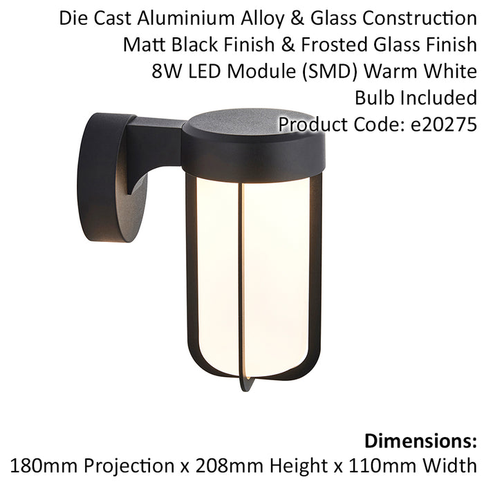 Matt Black Outdoor Wall Light & Frosted Glass Shade IP44 Rated 8W LED Module