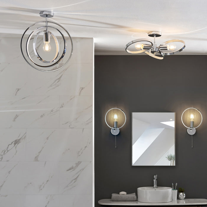 Semi Flush Multi Arm Bathroom Ceiling Light - Chrome Plated & Clear Acrylic