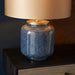 Cobalt Glass Base Table Lamp Light & Gold Fabric Shade - Antique Brass Metalwork