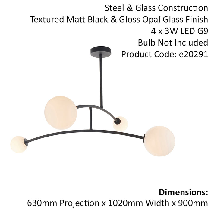 Matt Black Swing Arm Ceiling Light & Opal Glass Shades - 4 Bulb Fitting