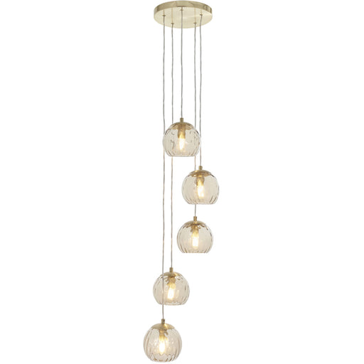 Satin Brass 5 Light Ceiling Pendant Fitting & Campagne Dimpled Glass Shades
