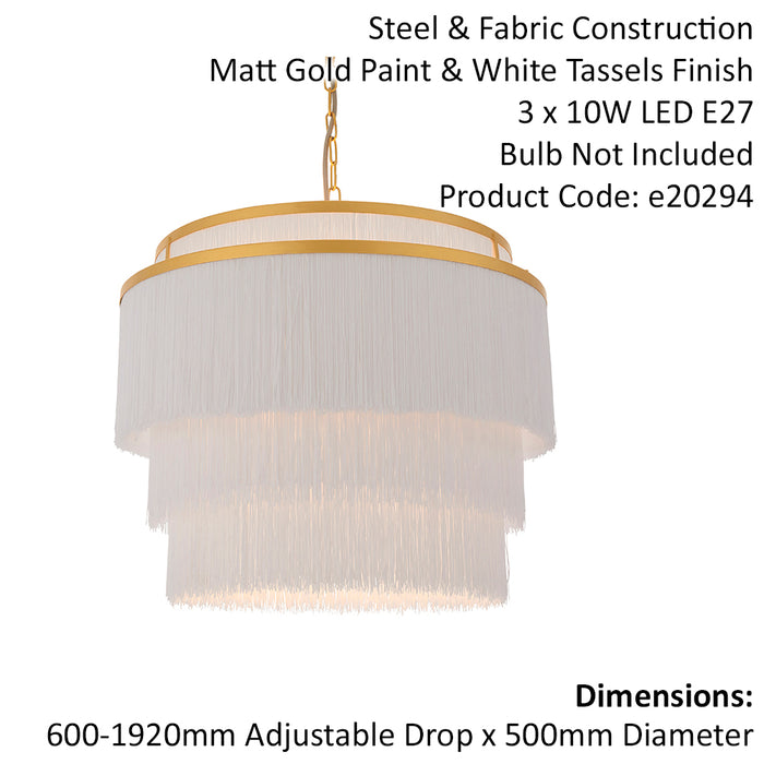 Gold Multi Arm Ceiling Pendant Light - White Tassels - Diffused Light Effect