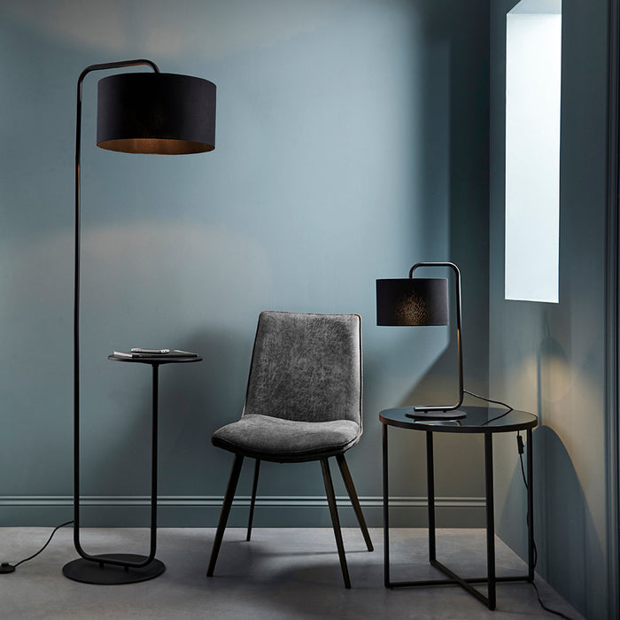 Satin Black Floor Lamp with Side Table - 1750mm Height - 38cm Black Fabric Shade