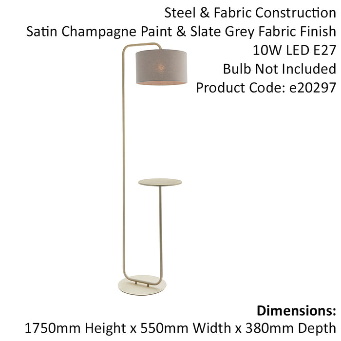 Satin Champagne Floor Lamp & Side Table - 1750mm Height - 38cm Grey Fabric Shade
