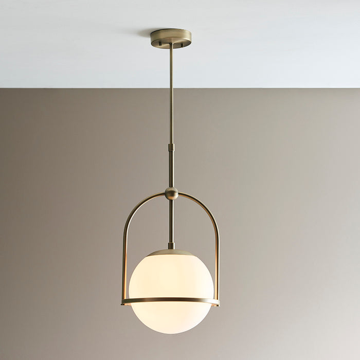 Antique Brass Ceiling Pendant Light - Opal Glass Shade - Single Bulb Fitting