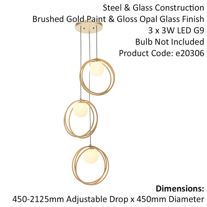 Gold Finish Ceiling Pendant Light - Gloss Opal Glass Shade - 3 Bulb Hanging Lamp