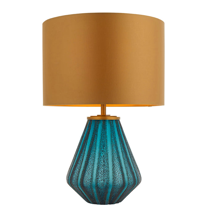 Turqoise Glass Base Table Lamp Light & Gold Fabric Shade - Black Textured Detail