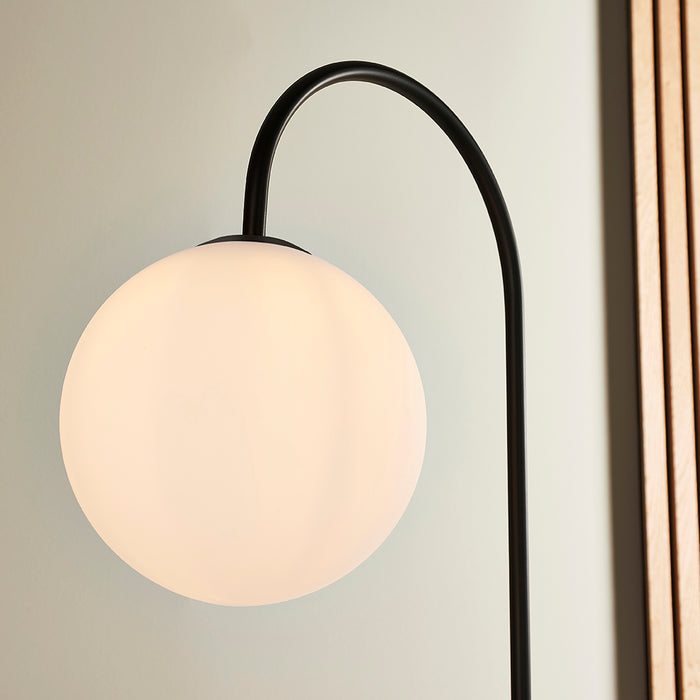 Satin Black Floor Lamp with Side Table - 1750mm Height - Opal Sphere Glass Shade