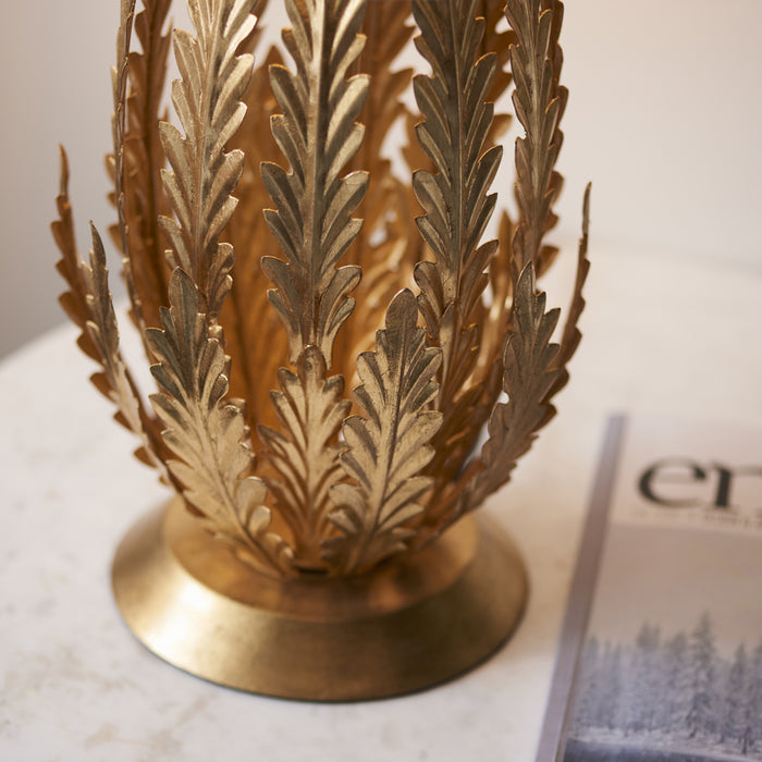 Ornate Gold Table Lamp Light & Ivory Cotton Fabric Shade Decorative Leaf Design