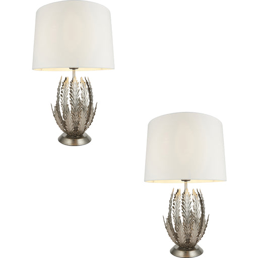 2 PACK Ornate Silver Table Lamp Ivory Cotton Fabric Shade Decorative Leaf Design