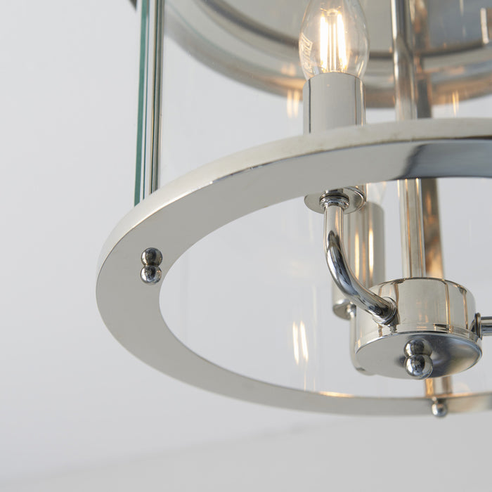 Bright Nickel Semi Flush Low Ceiling Light & Clear Glass Shade 3 Bulb Fitting