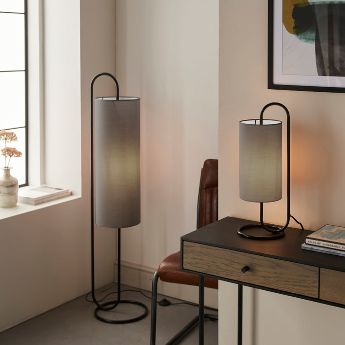 Matt Black Oval Floor Lamp & Grey Fabric Shade - 1360mm Height - Standing Light