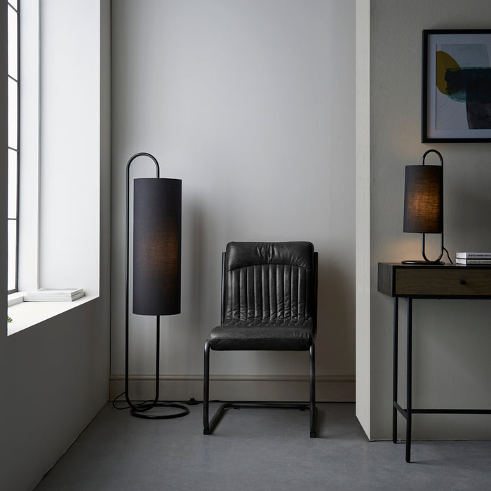 Matt Black Oval Floor Lamp & Black Fabric Shade - 1360mm Height - Standing Light