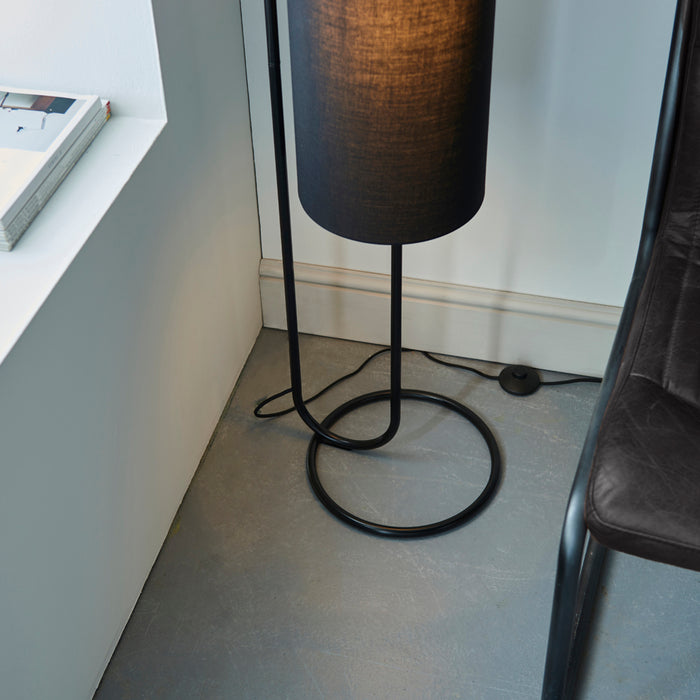 Matt Black Oval Floor Lamp & Black Fabric Shade - 1360mm Height - Standing Light