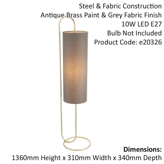 Antique Brass Oval Floor Lamp & Grey Fabric Shade 1360mm Height Standing Light