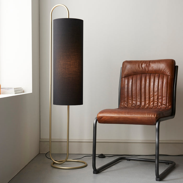 Antique Brass Oval Floor Lamp & Black Fabric Shade 1360mm Height Standing Light
