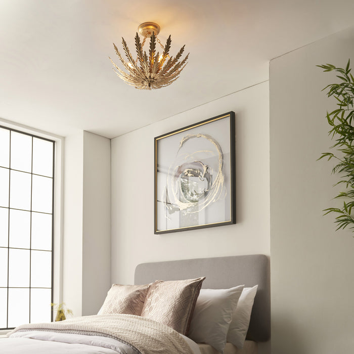 Ornate Gold Flush Ceiling Light - Decorative Leaf Design Dimmable 3 Bulb Pendant